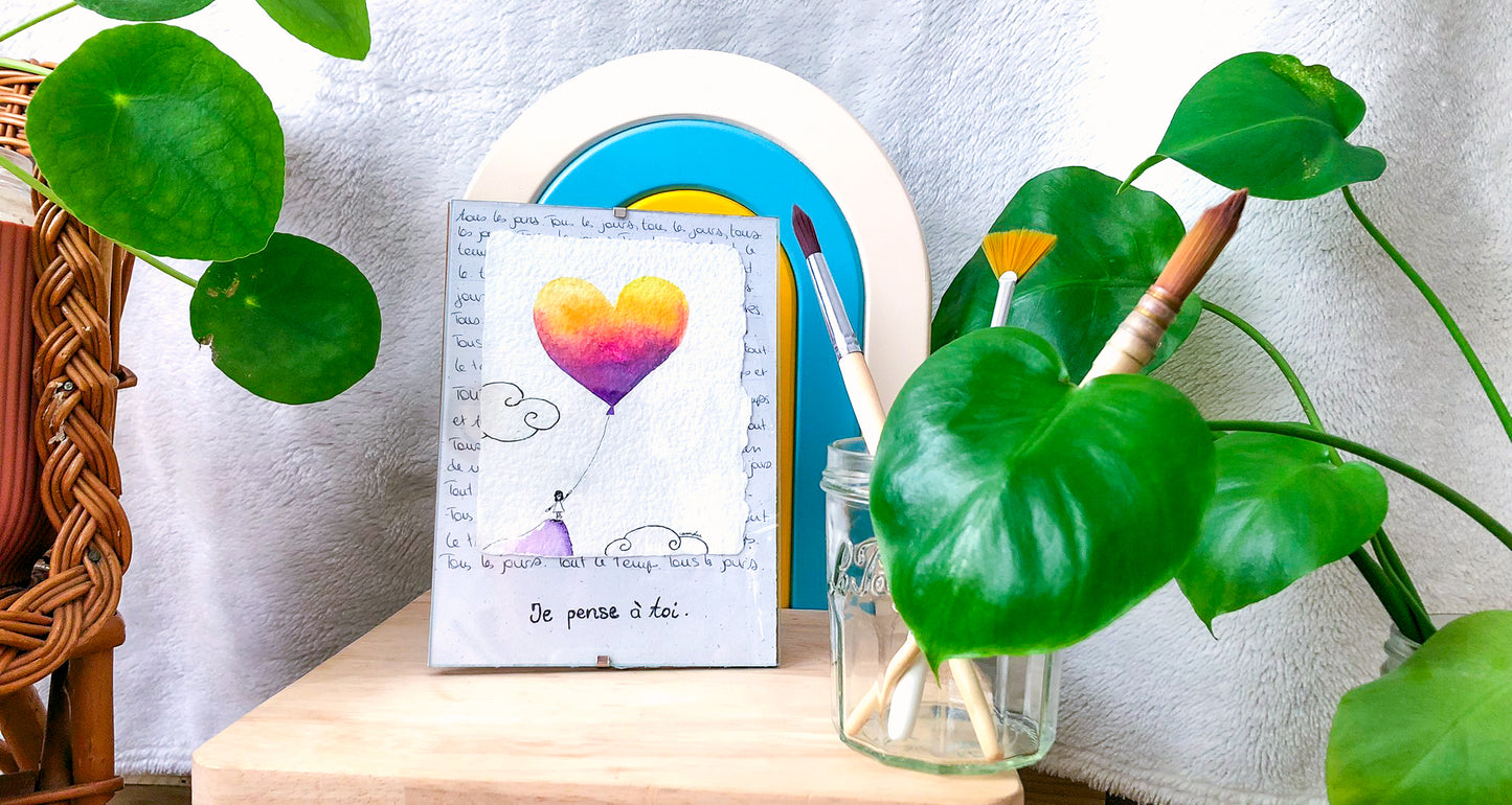 "Je pense à toi" - Œuvre unique à l'encre et aquarelle