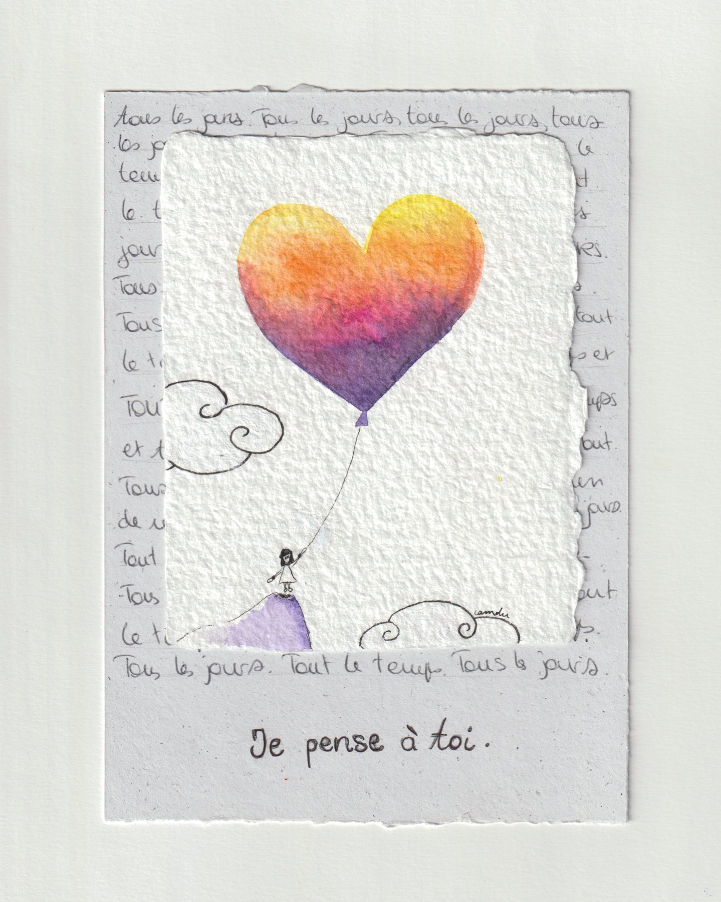 "Je pense à toi" - Œuvre unique à l'encre et aquarelle