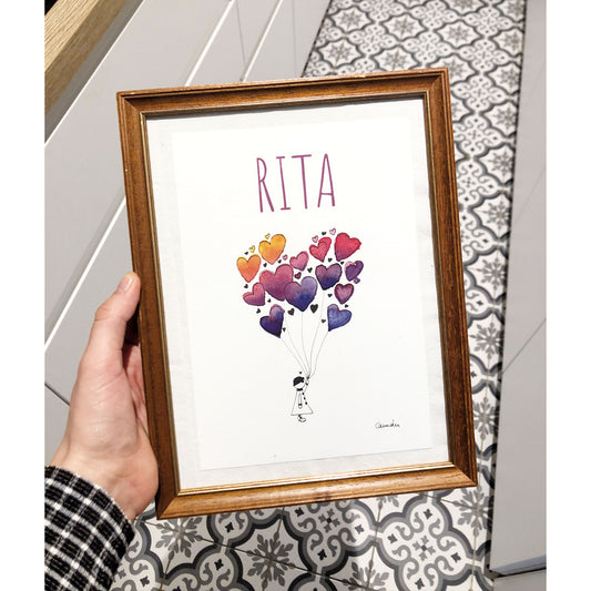 La fille aux ballons - tirage d'art personnalisable prénom enfant